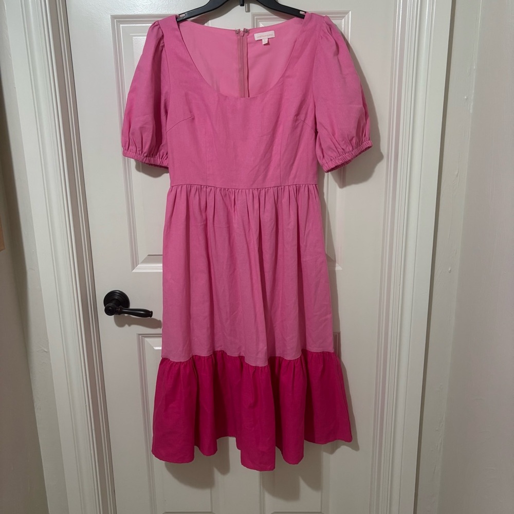 Love Wednesday Scoop Neck Puff Sleeve Tiered Midi Dress Pink Women’s L